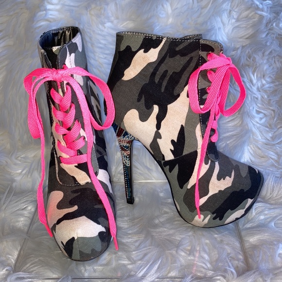MOCHI Camo UK Rhinestone Lace Up Stiletto Platform Ankle Boots Booties 7 - Picture 2 of 16